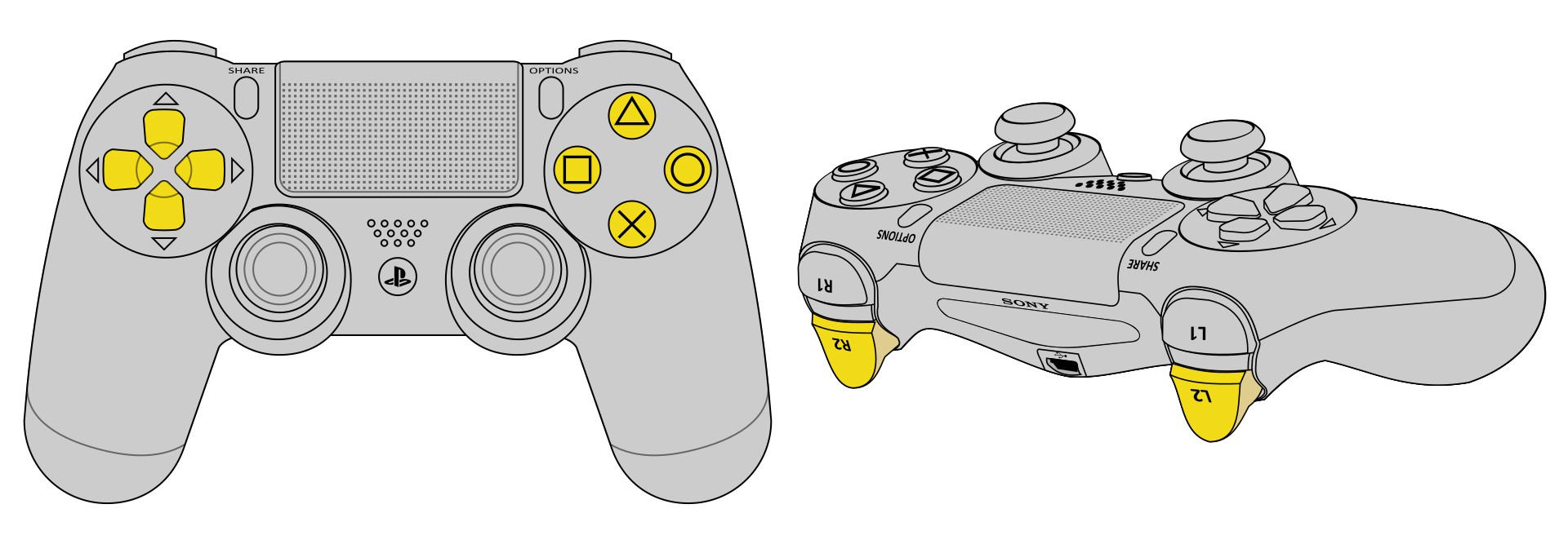 Schematic image showing the Playstation 4 controller, with the 10 relevant buttons highlighted